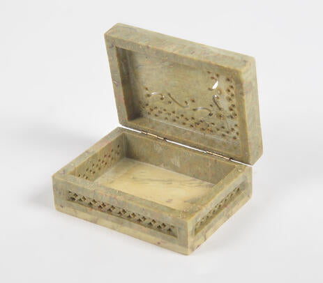 Inlaid Semi-Precious Stone & Lattice Cut Soapstone Jewelry Box