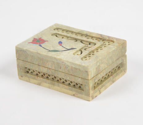 Inlaid Semi-Precious Stone & Lattice Cut Soapstone Jewelry Box