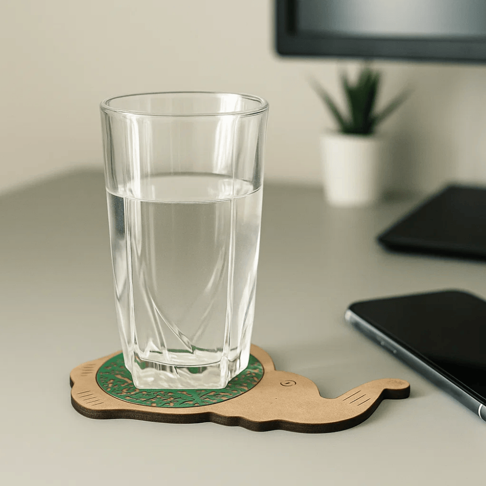 Elephant coaster styled with a drink