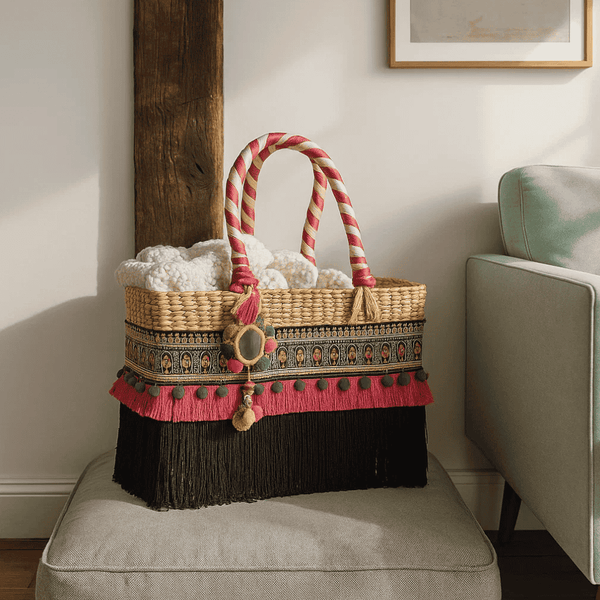 Fringed Black & Hot Pink Basket Woven Cane Handbag – Handcrafted Cane Basketry Bag