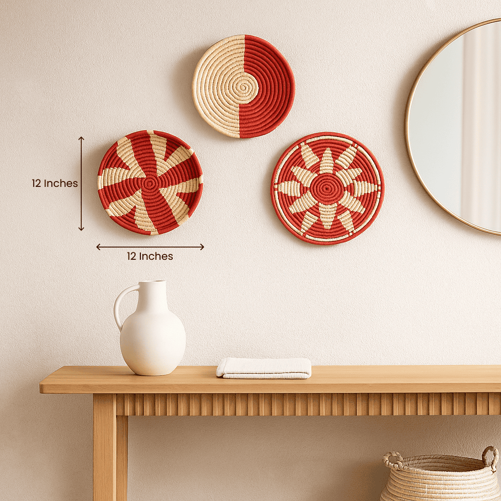 Mandala sabai grass wall plates in a boho hallway