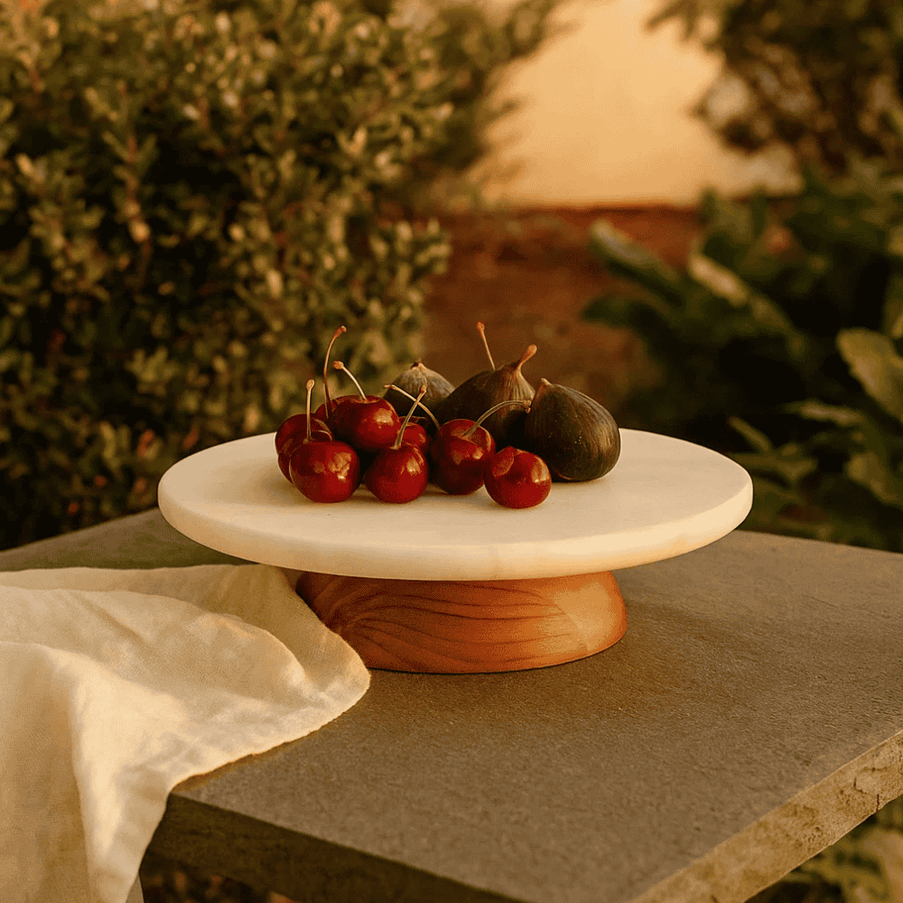Mango wood marble cake stand serving pastries