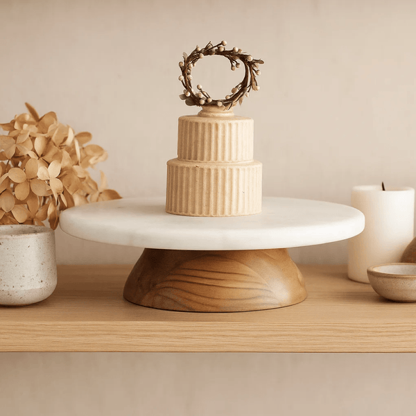 Fusion Mango Wood & Marble Cake Stand – Handcrafted Elegance