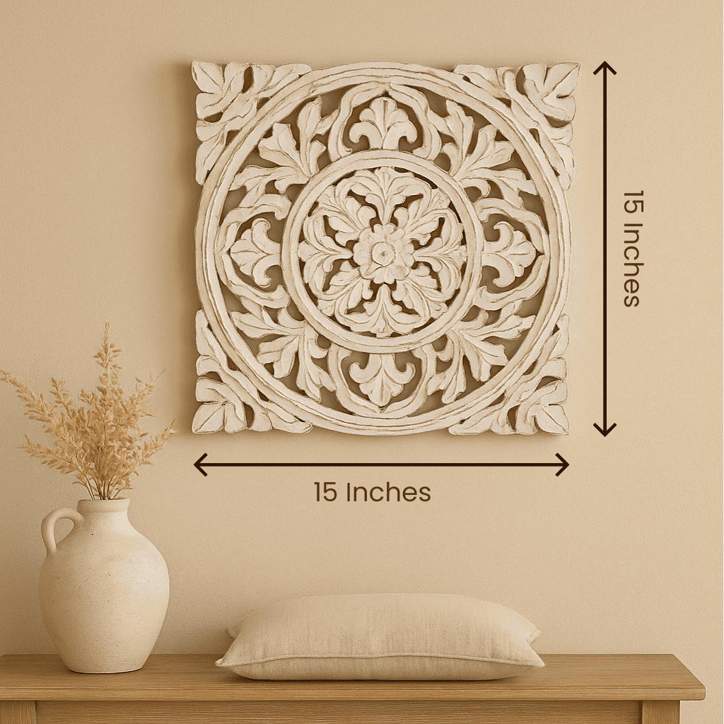 Ivory wall medallion styled above a bedhead