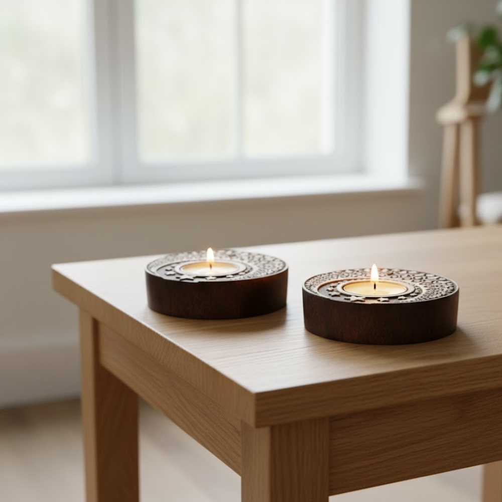 Hand carved wooden moon tealight holders set of 2, 3.5x3.5x1.1 inches, 246g