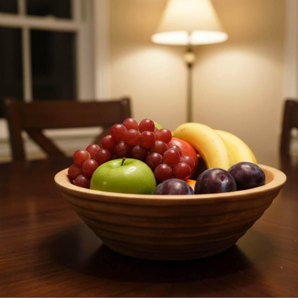Burnt wood bowl at an angle