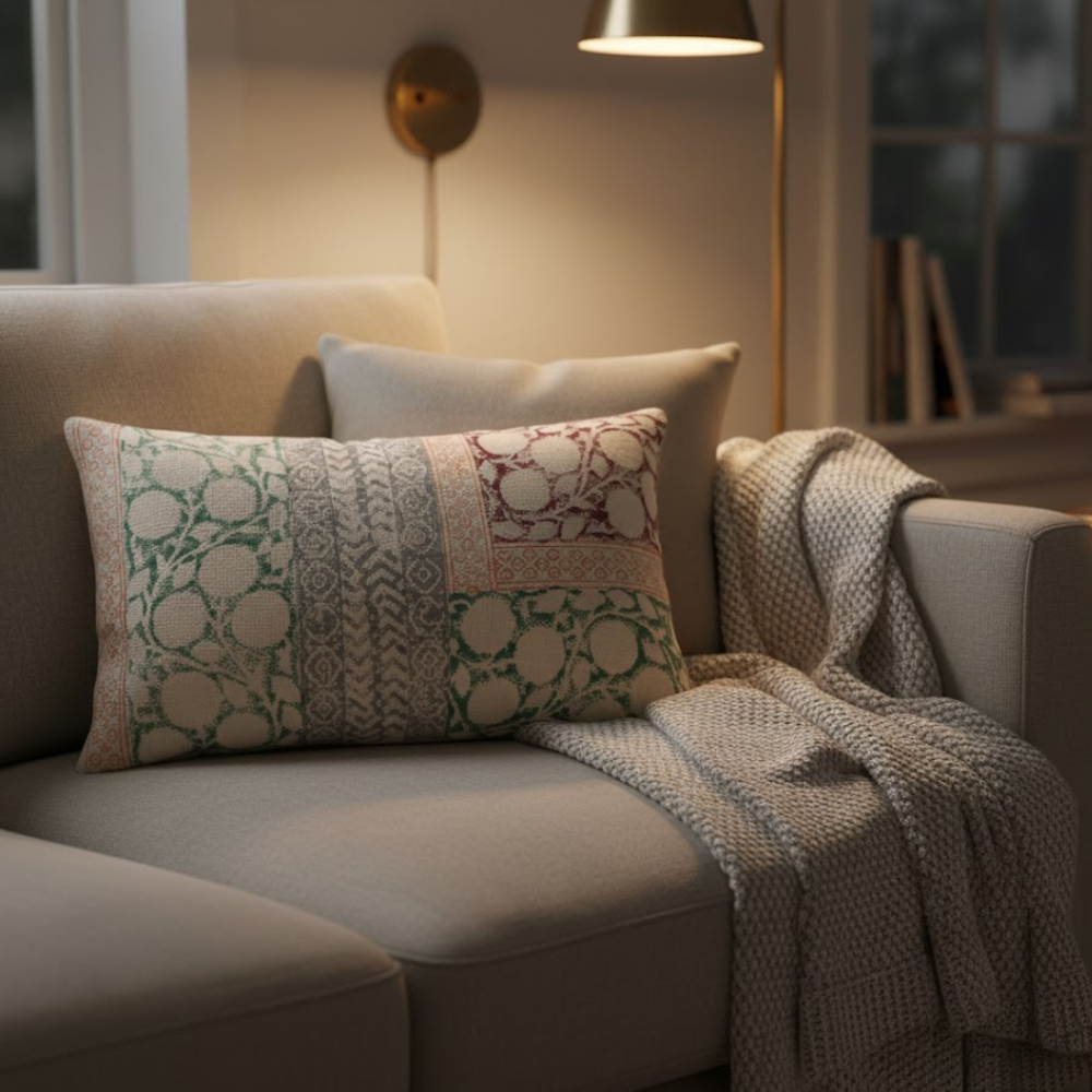 Botanical lumbar cushion cover paired with other cushions