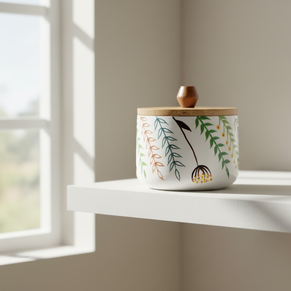 Enamel mango wood canister top-down view