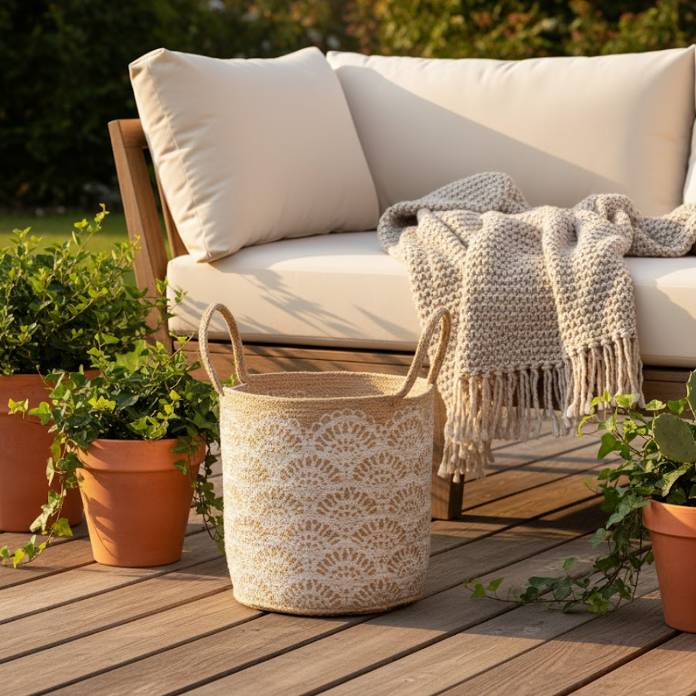 Floral jute basket side view