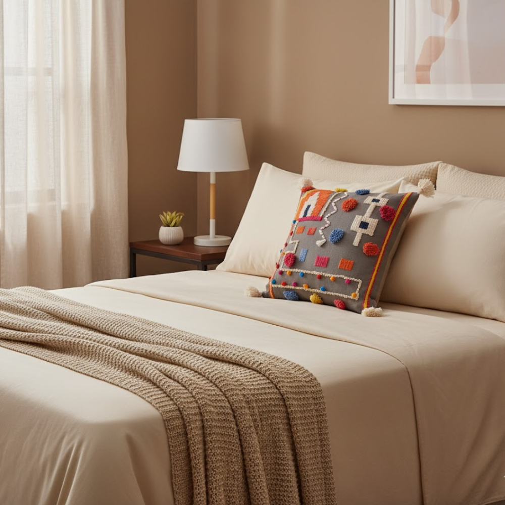 Abstract embroidered cushion cover detail of corner tassel
