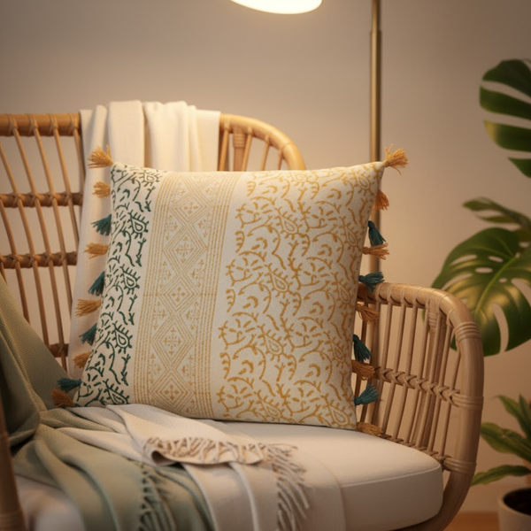 Block Printed Tassel Cushion Cover | Cotton Boho Decor
