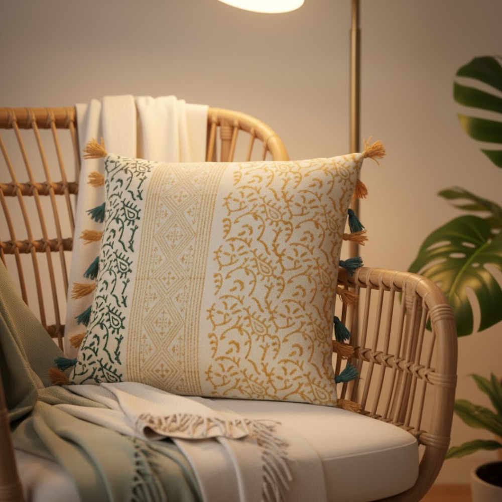 Block printed tassel cushion cover hand-stamped by Gleemium