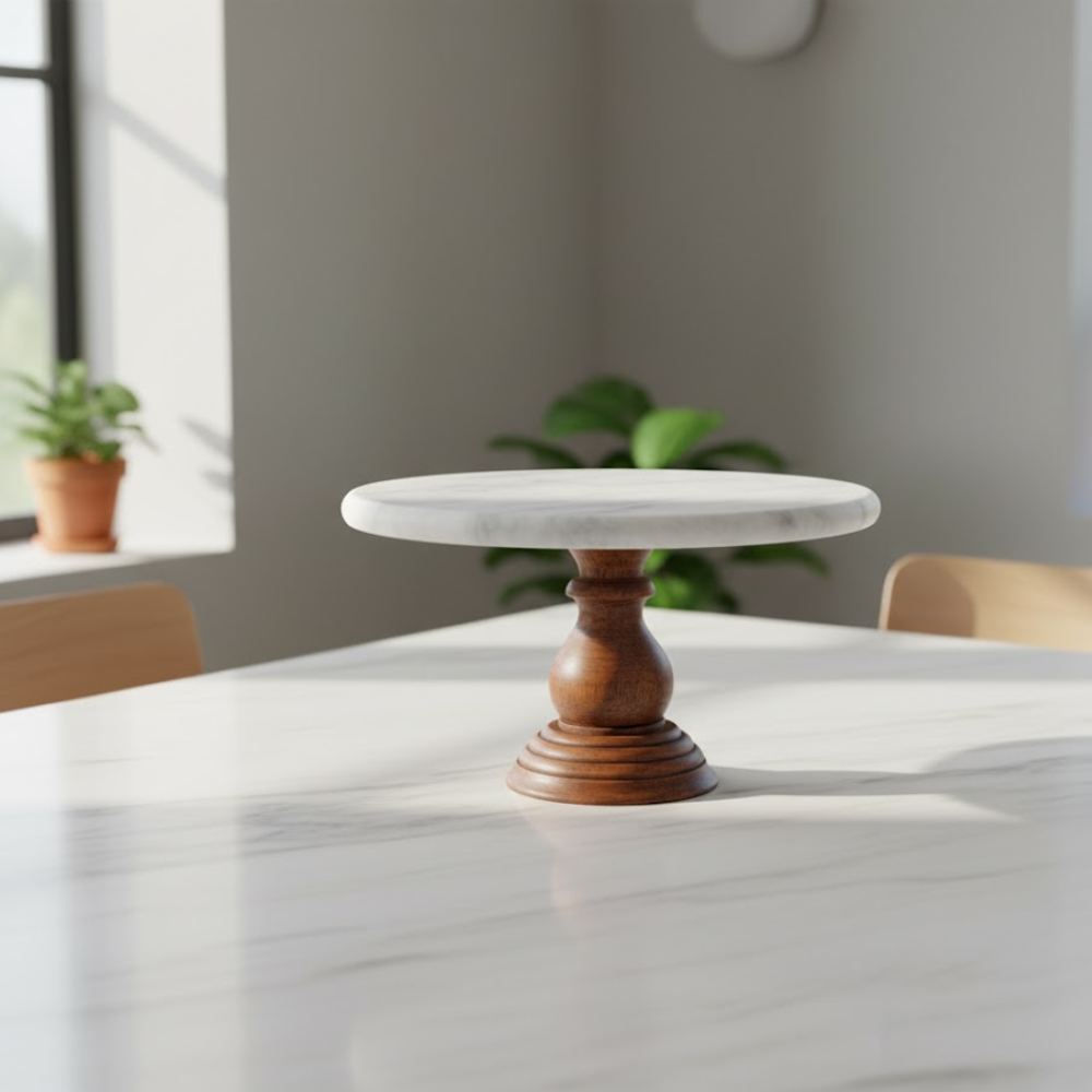 White marble cake stand with mango wood base, 10x10x7 inches, 4600g
