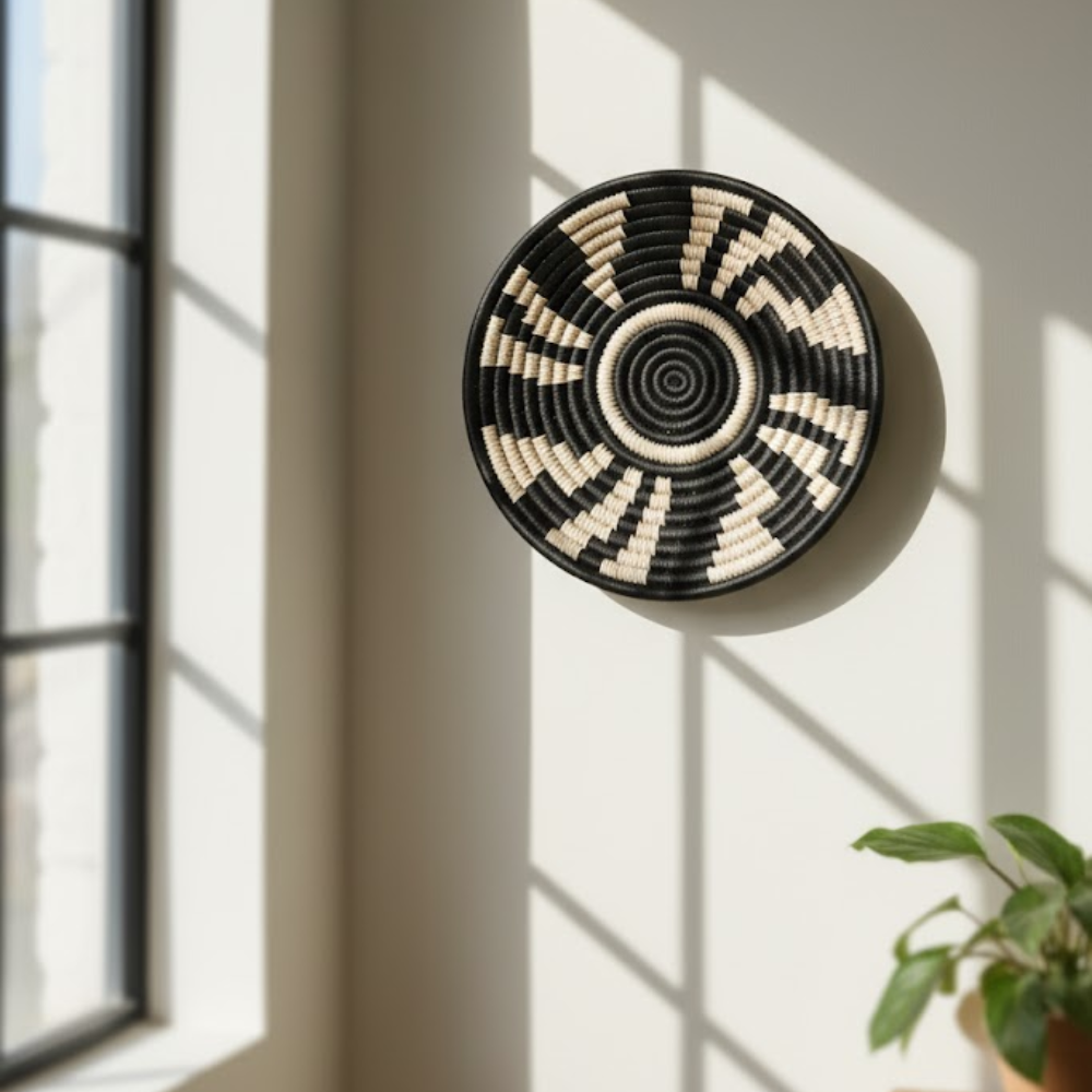 Black and white sabai grass wall plate hand-woven by Gleemium