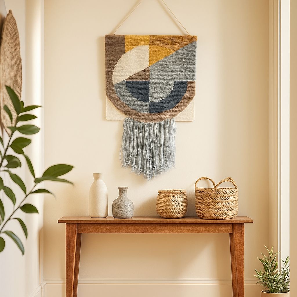 Abstract fringe wool wall hanging front view of woven shapes