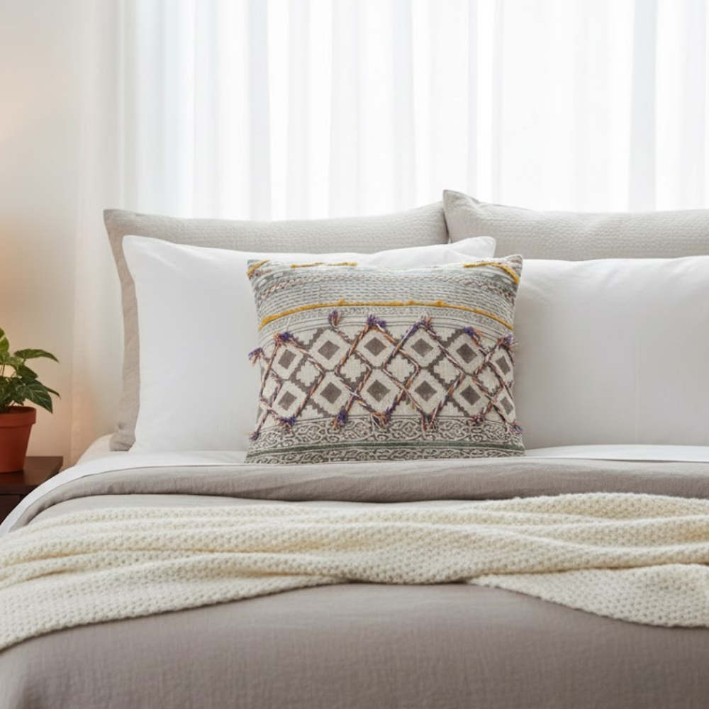 Maximal geometric cushion cover in a styled boho room