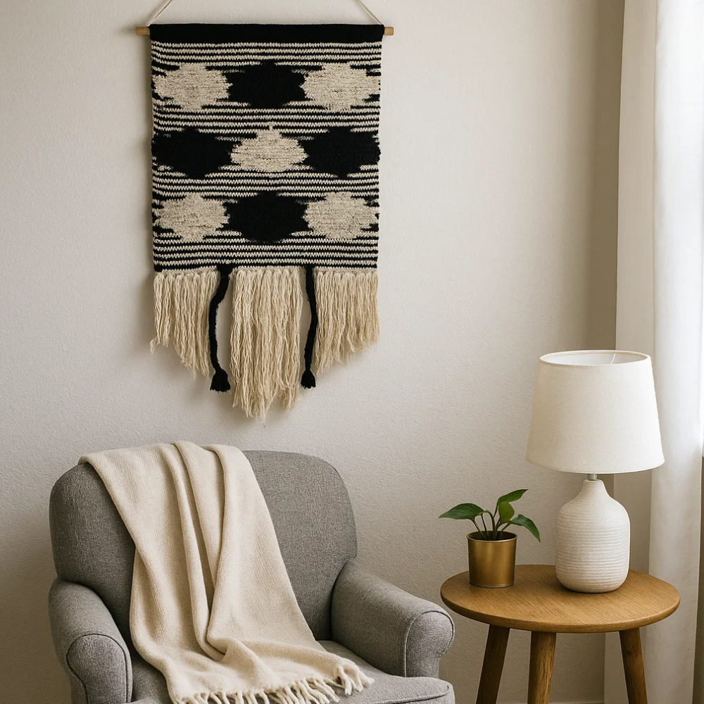Black and cream striped cotton wall hanging styled in a Scandi living room