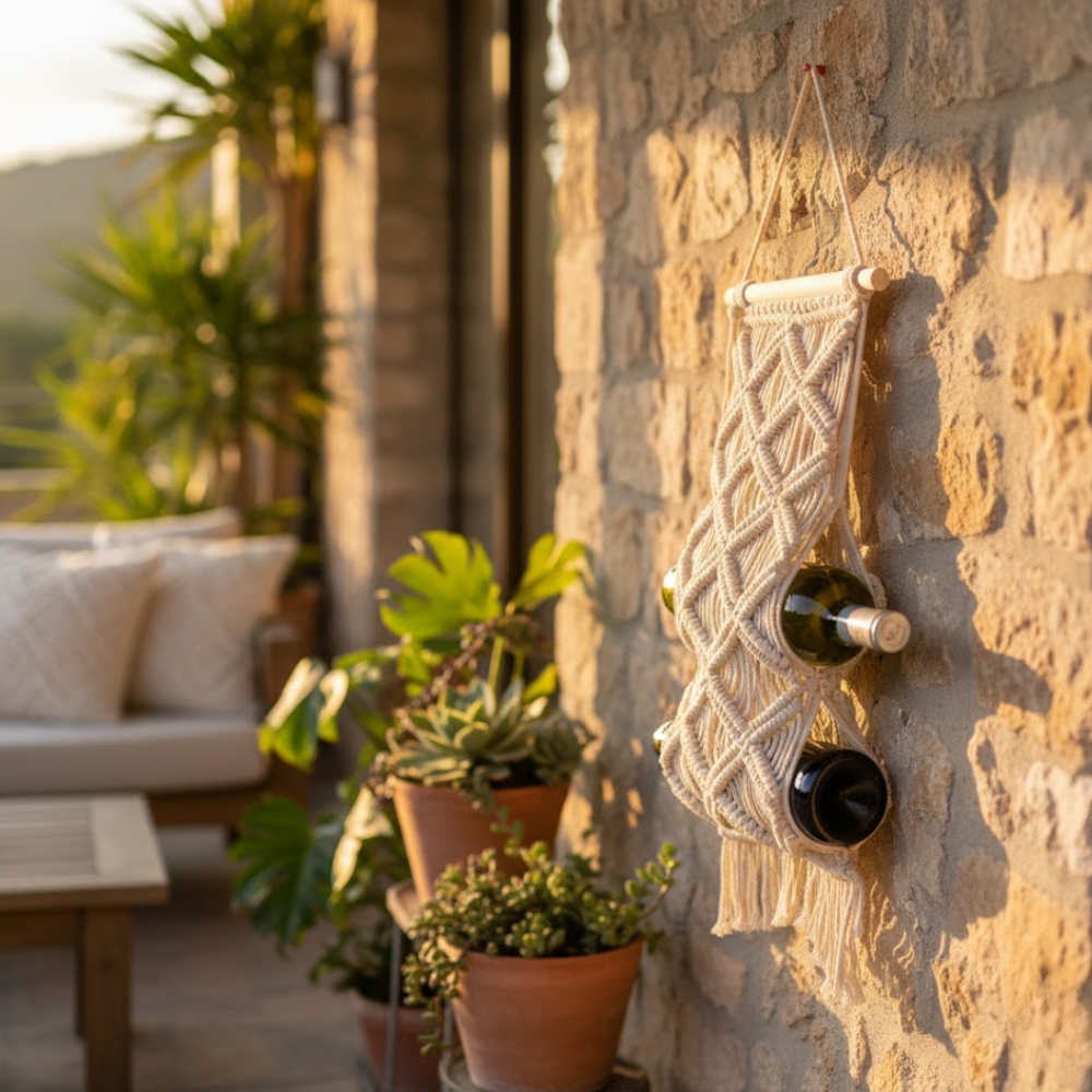 Macrame wine rack on a wall