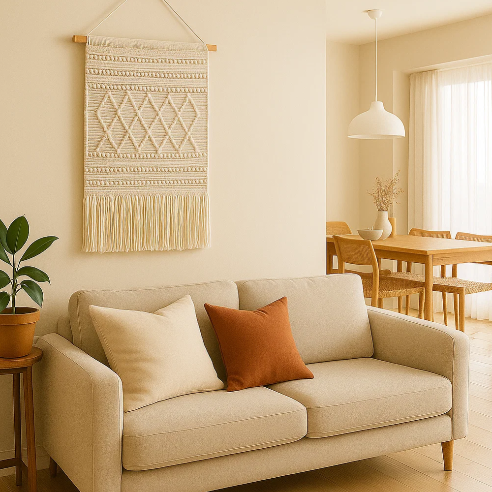 Cream wool and cotton wall hanging above a console table