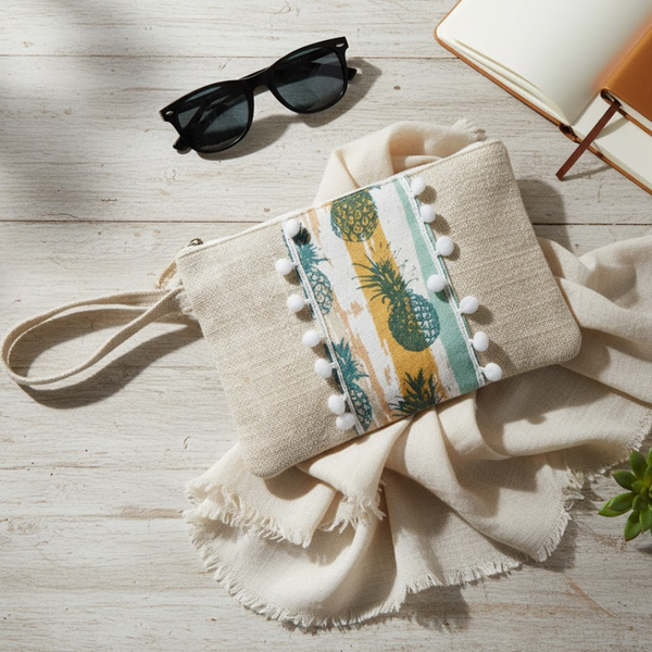 Pompom-Lined Tropical Jute Wristlet – Handcrafted Boho Jute Pouch