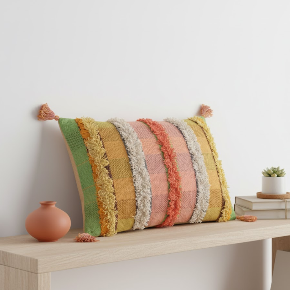 Tufted striped cushion cover styled on a sofa