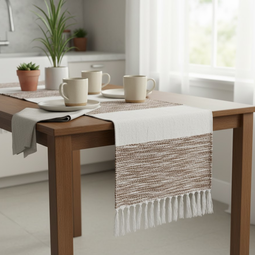 Striped cotton table runner styled on a dining table