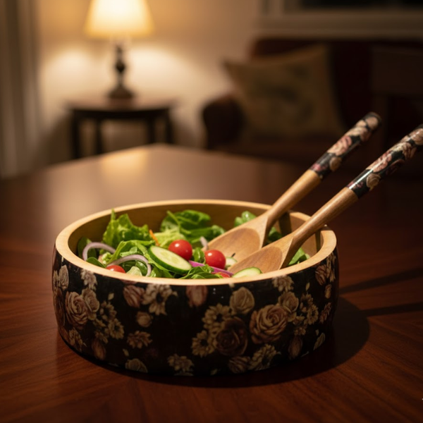 Vintage Rose Bowl | Hand-Carved Salad Bowl with Servers Set