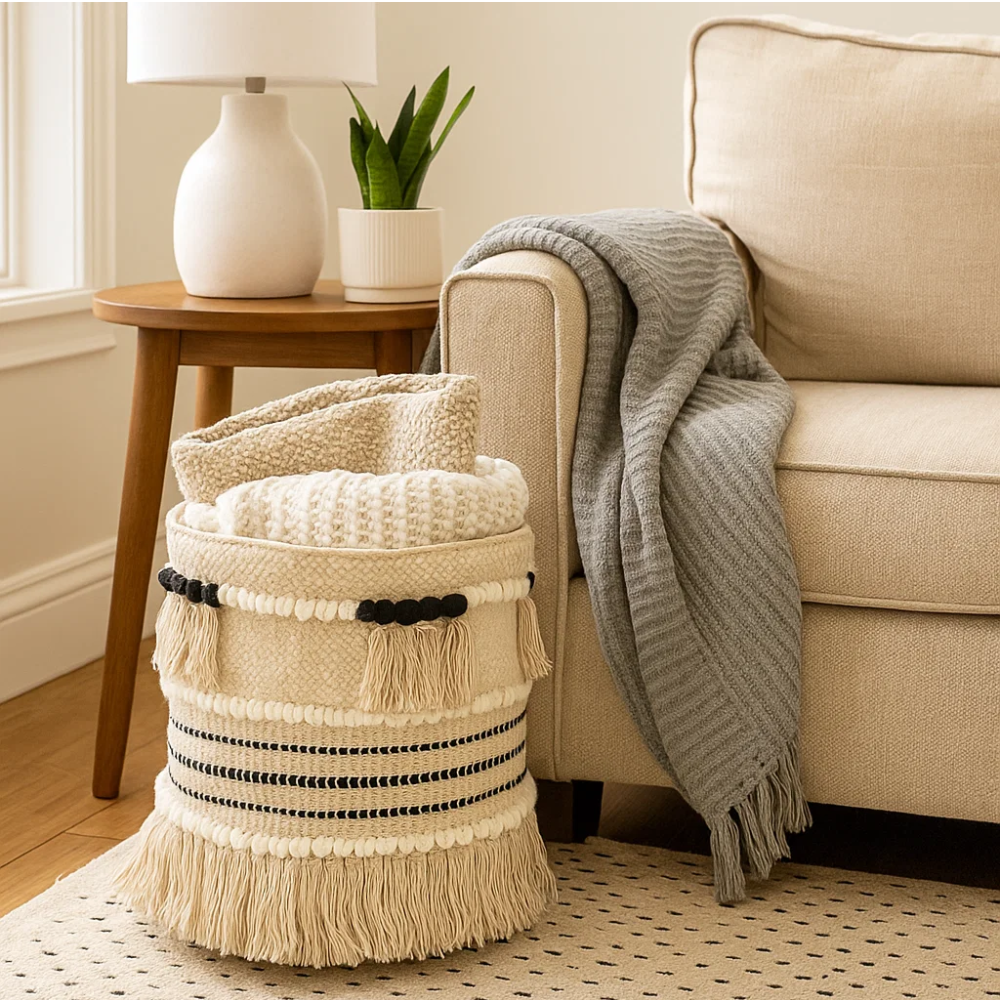 Fringed cotton basket at an angle