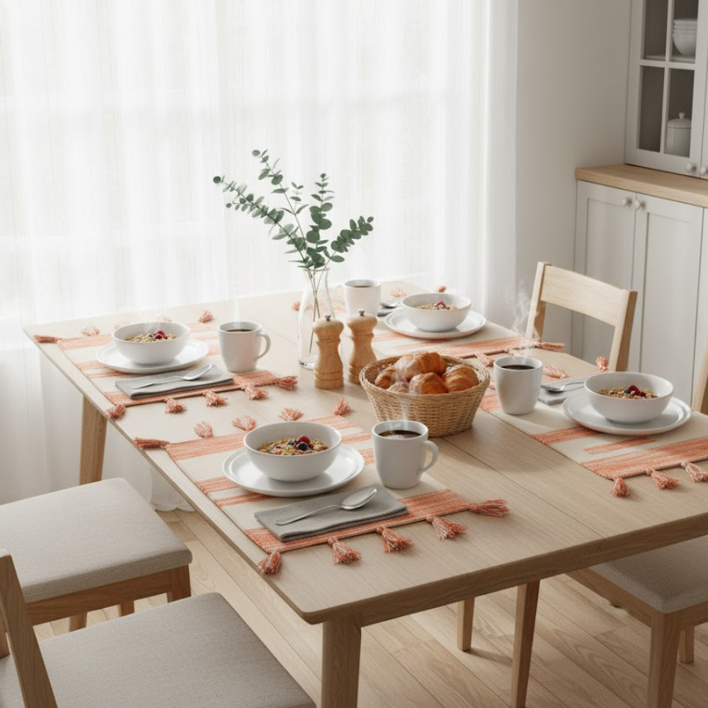 Orange placemats styled on a dining table