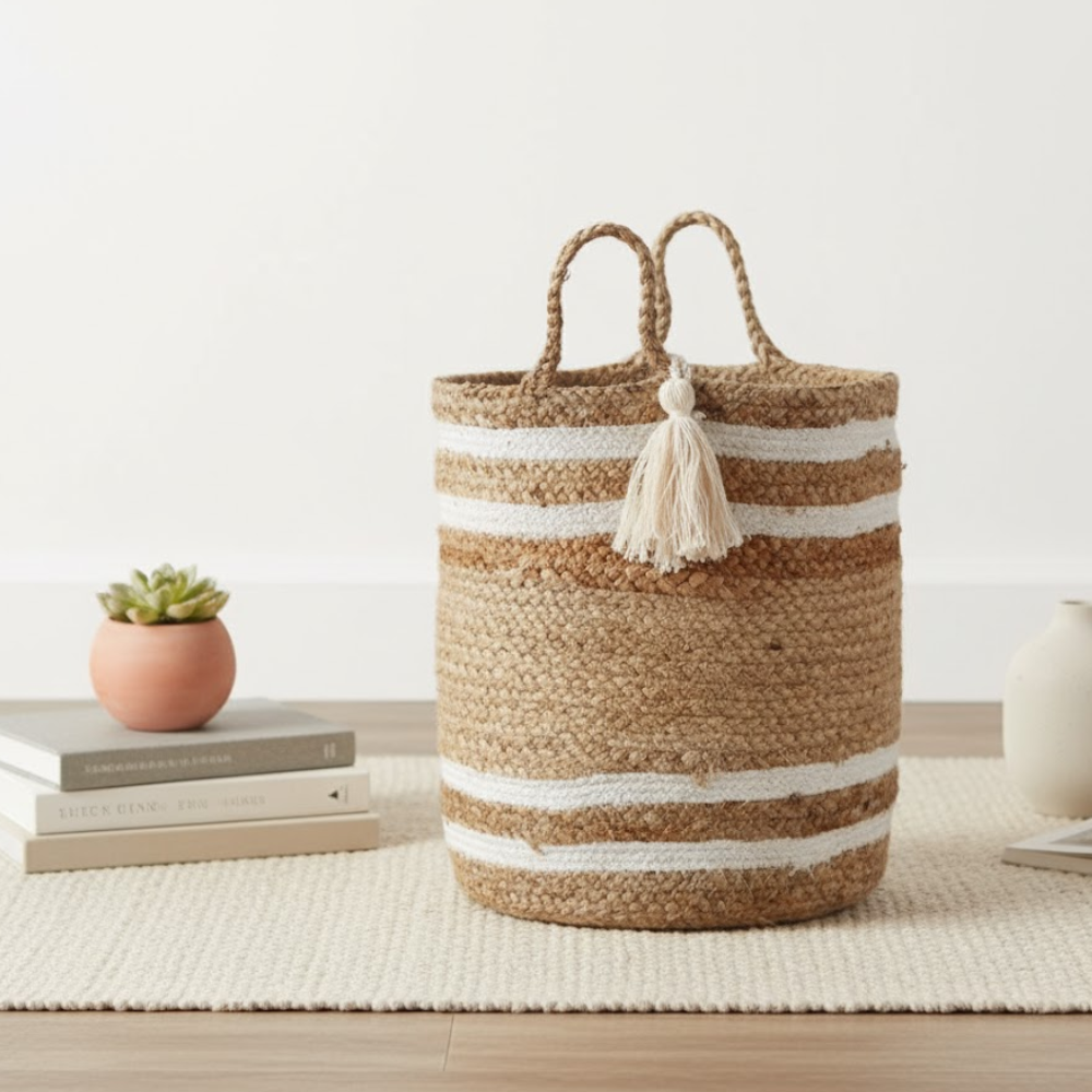 Striped jute basket with items
