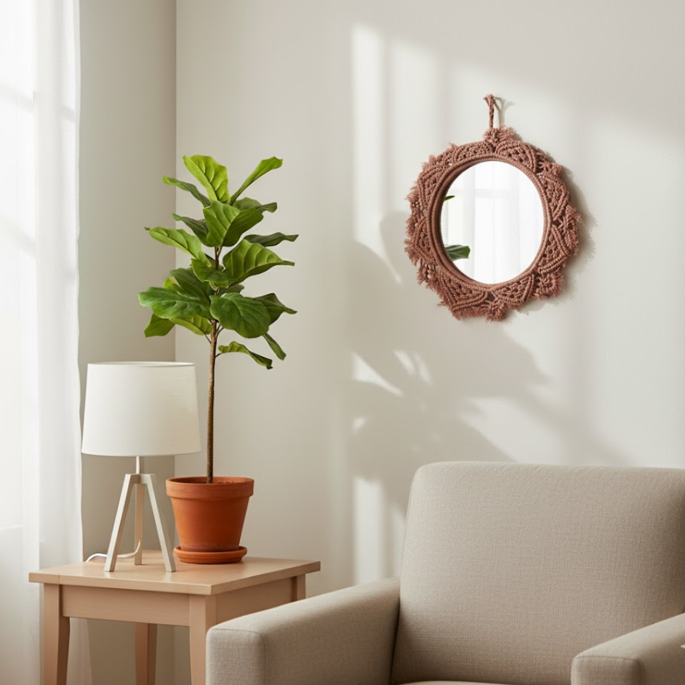 Terra macrame mirror on wall