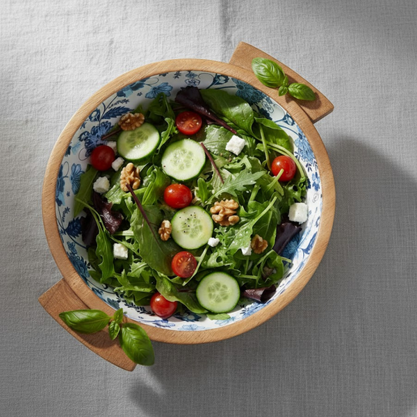 Wooden Salad Bowl Server | Enamelled Floral Turned Serveware