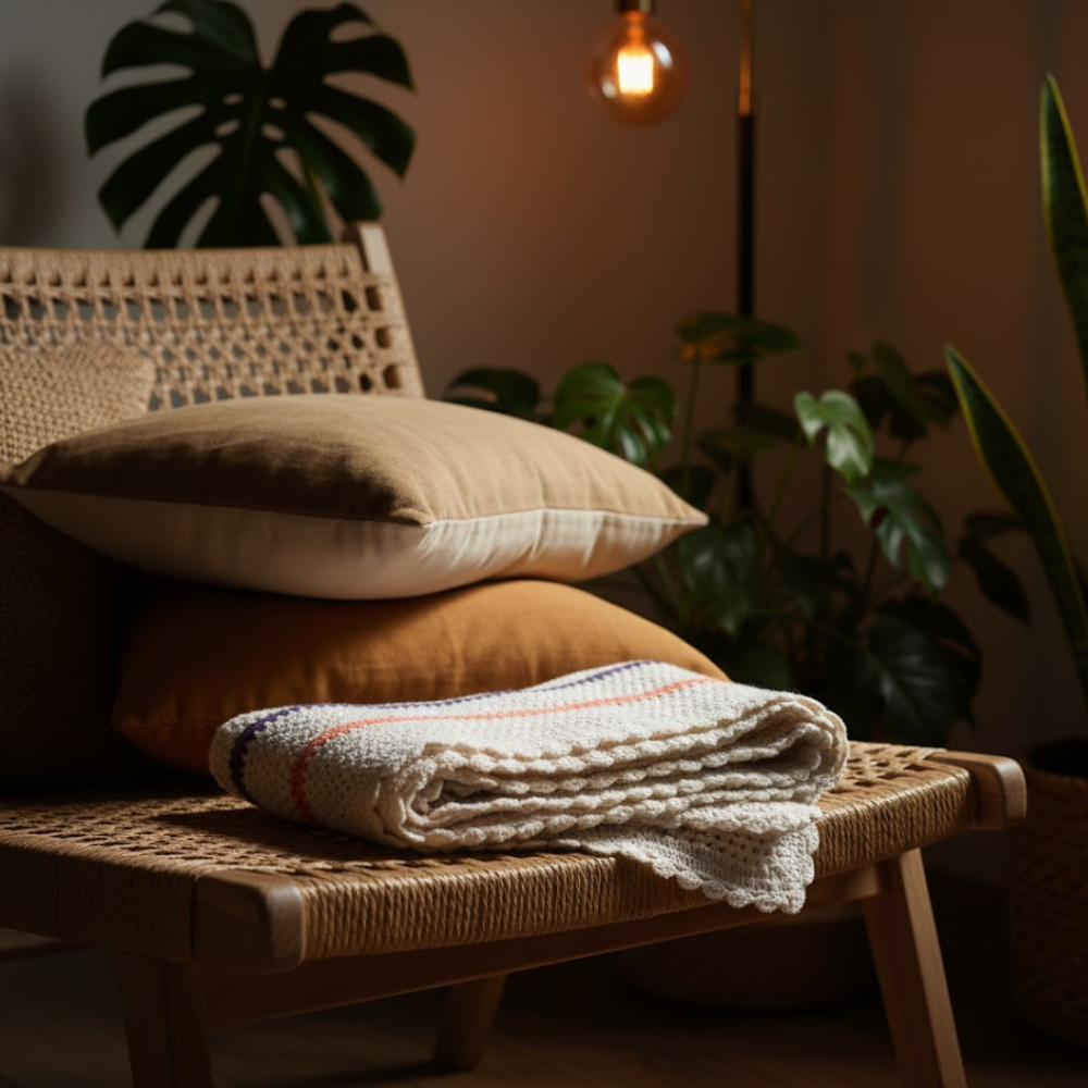 Multicolor crochet throw draped over a chair