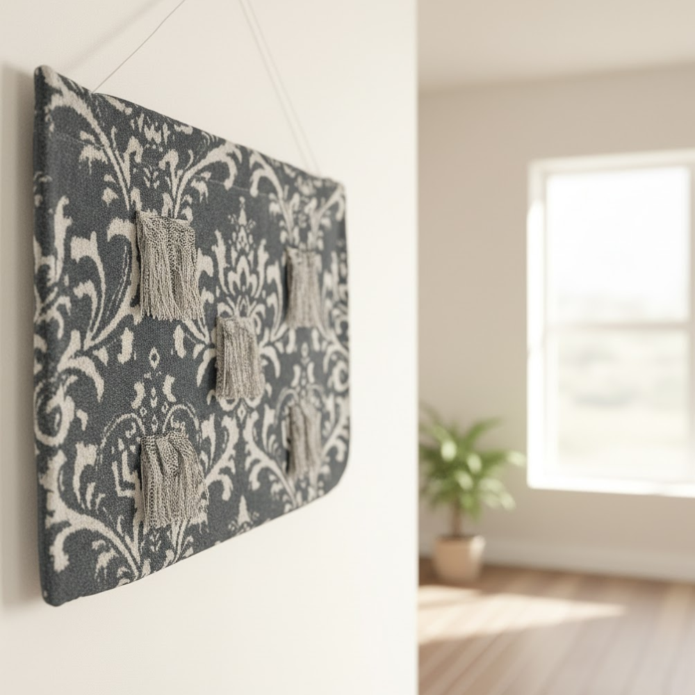 Damask patchwork wall hanging styled in a vintage boho interior