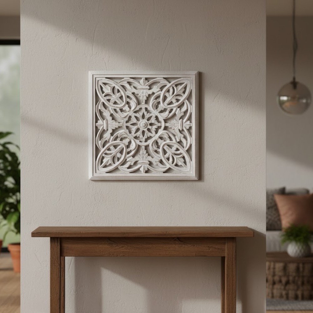 White distressed wall plaque carved from MDF by Gleemium