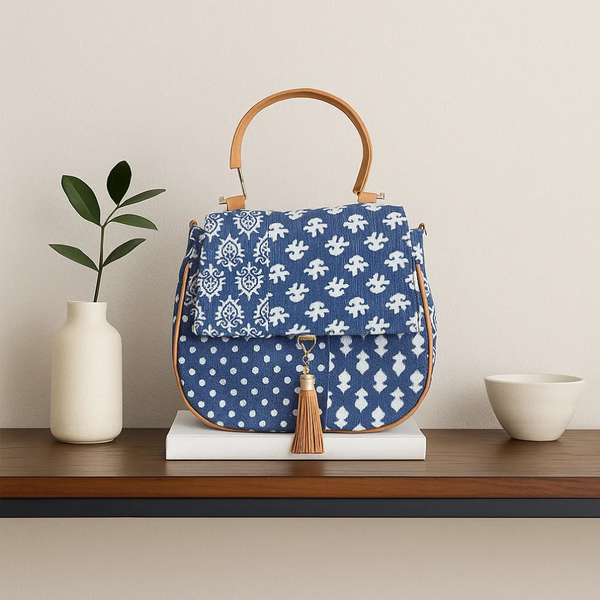 Floral Indigo Printed Handbag with Tassel – Artisan Cotton Handbag for Women