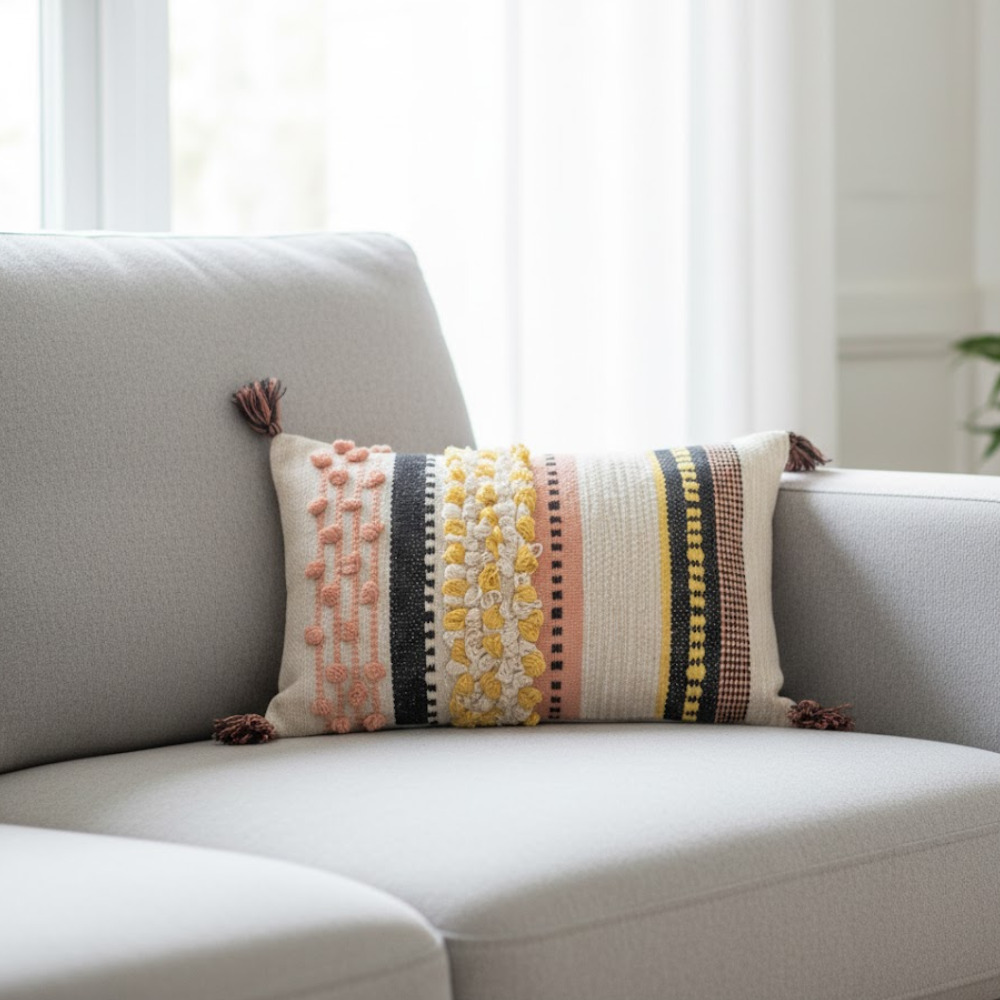 Striped tufted lumbar cushion cover at an angle