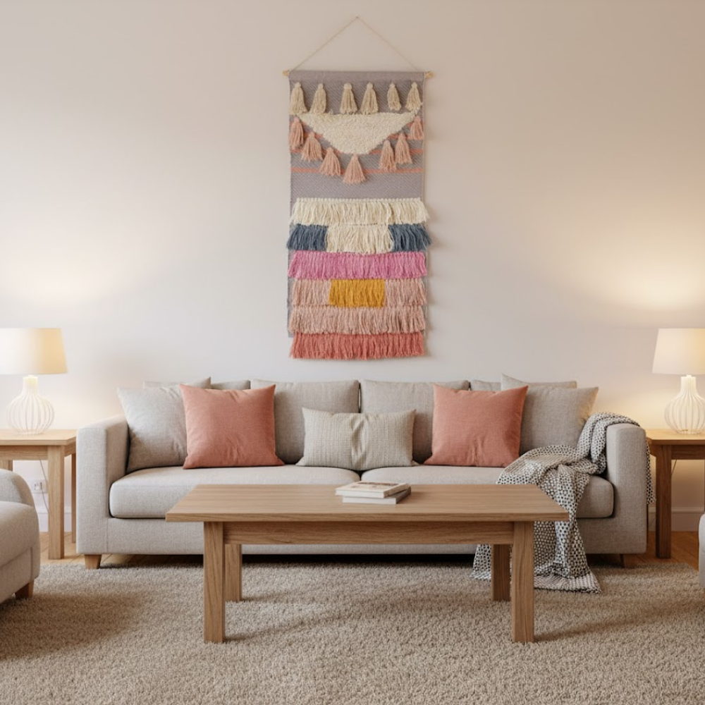 Pastel wool and cotton wall hanging above a sofa