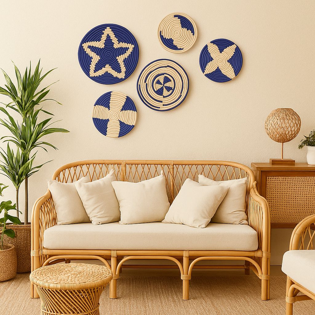 Indigo sabai grass wall plates set of 5 hand-woven by Gleemium