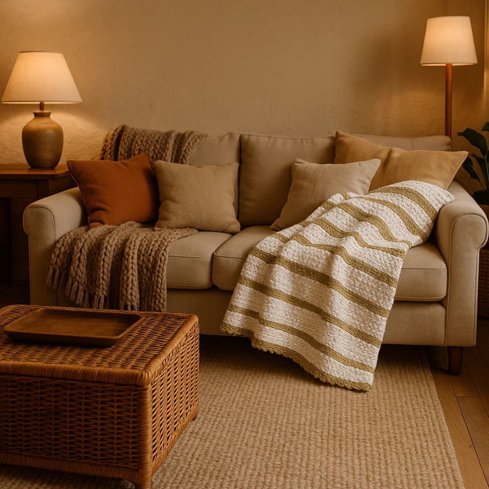 White crochet throw on a sofa