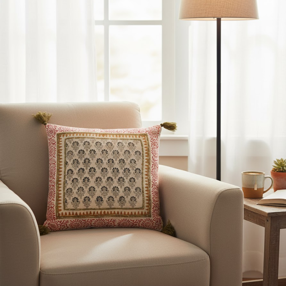 Block printed floral cushion cover styled on a sofa
