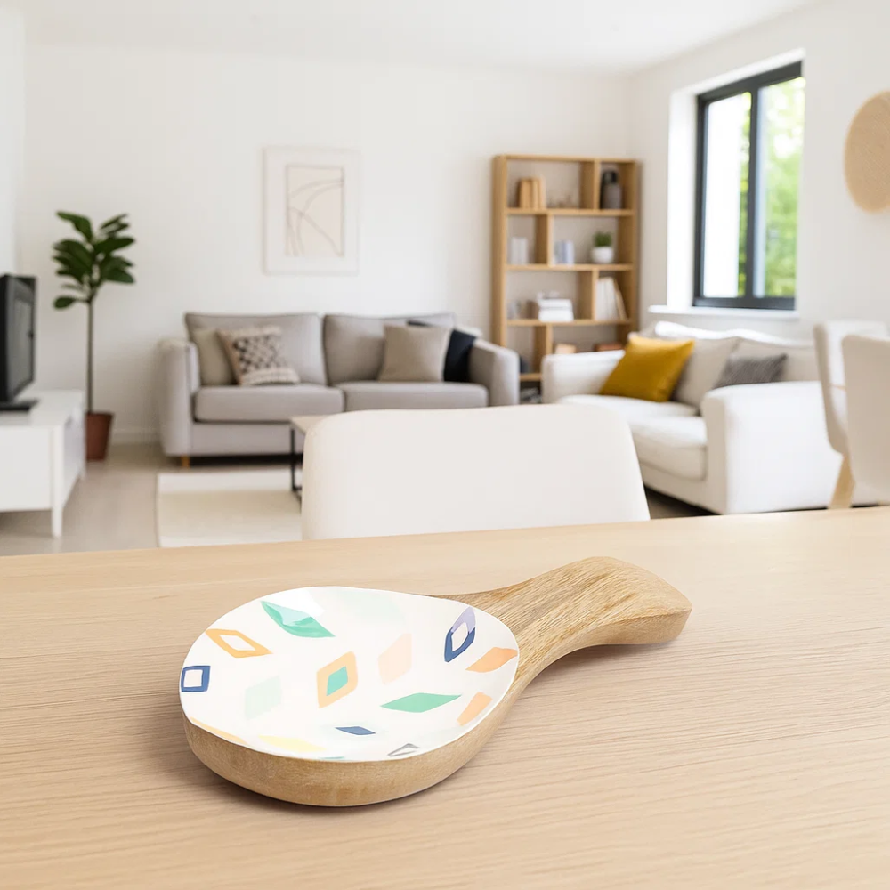 Geometric wood platter at an angle