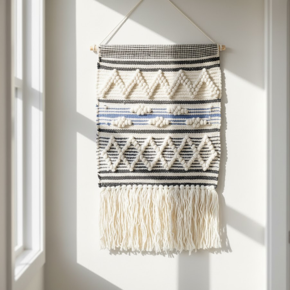 Geometric wool and cotton wall hanging above a console