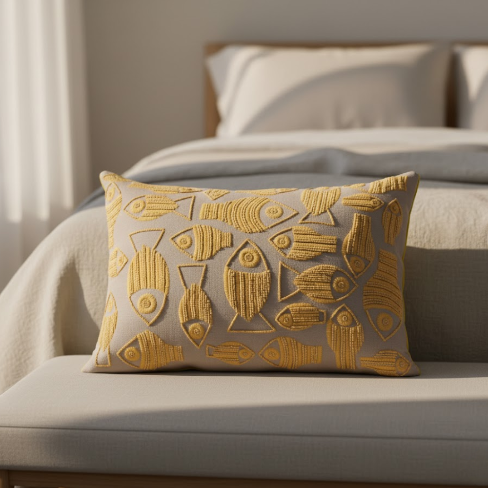 Fish embroidered cushion cover at an angle