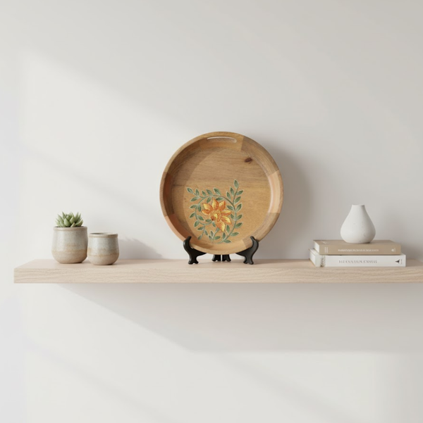Round Mango Wood Tray | Hand Printed Floral Artisan Serveware