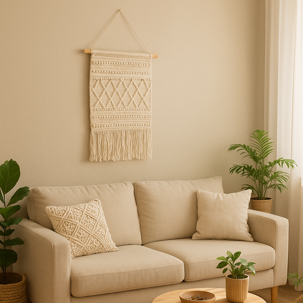 Cream wool and cotton wall hanging front view of soft cream blend
