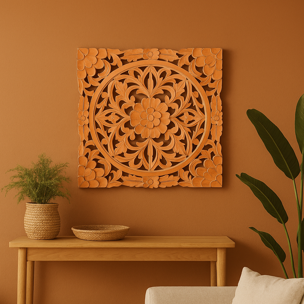 Tangerine wall medallion above a console table