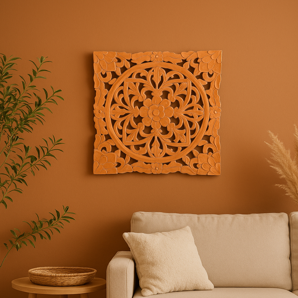 Tangerine wall medallion in a warm-toned hallway