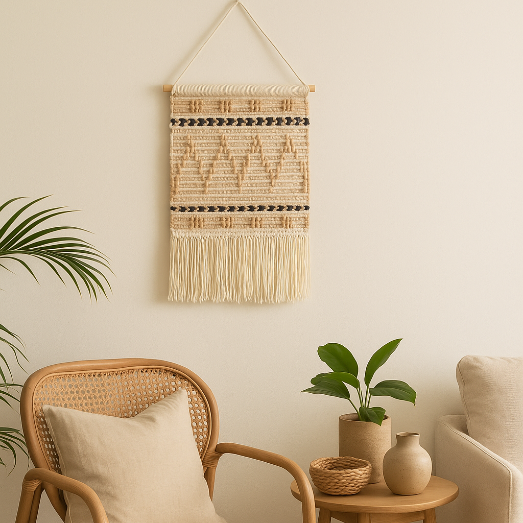 Sandy chevron wall hanging in a styled boho corner