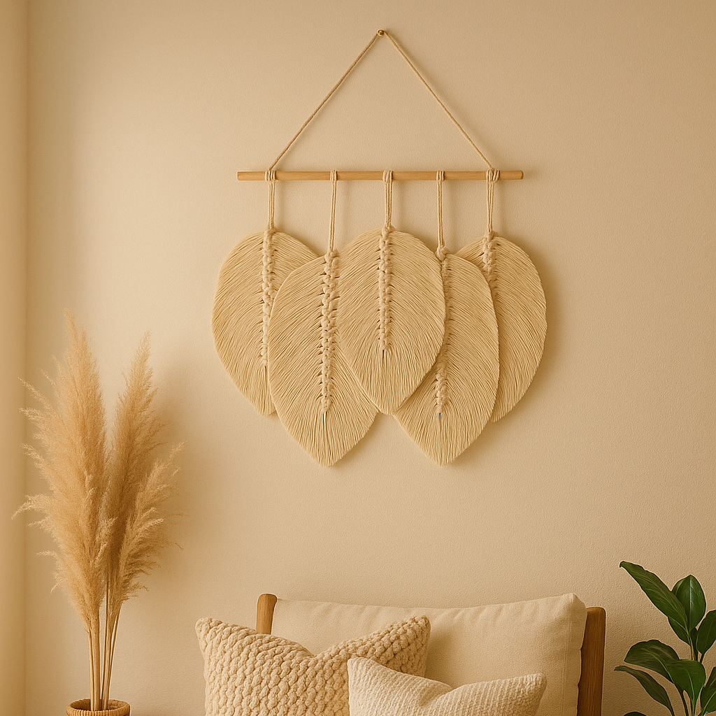 Small macrame leaf wall hanging on a plain wall